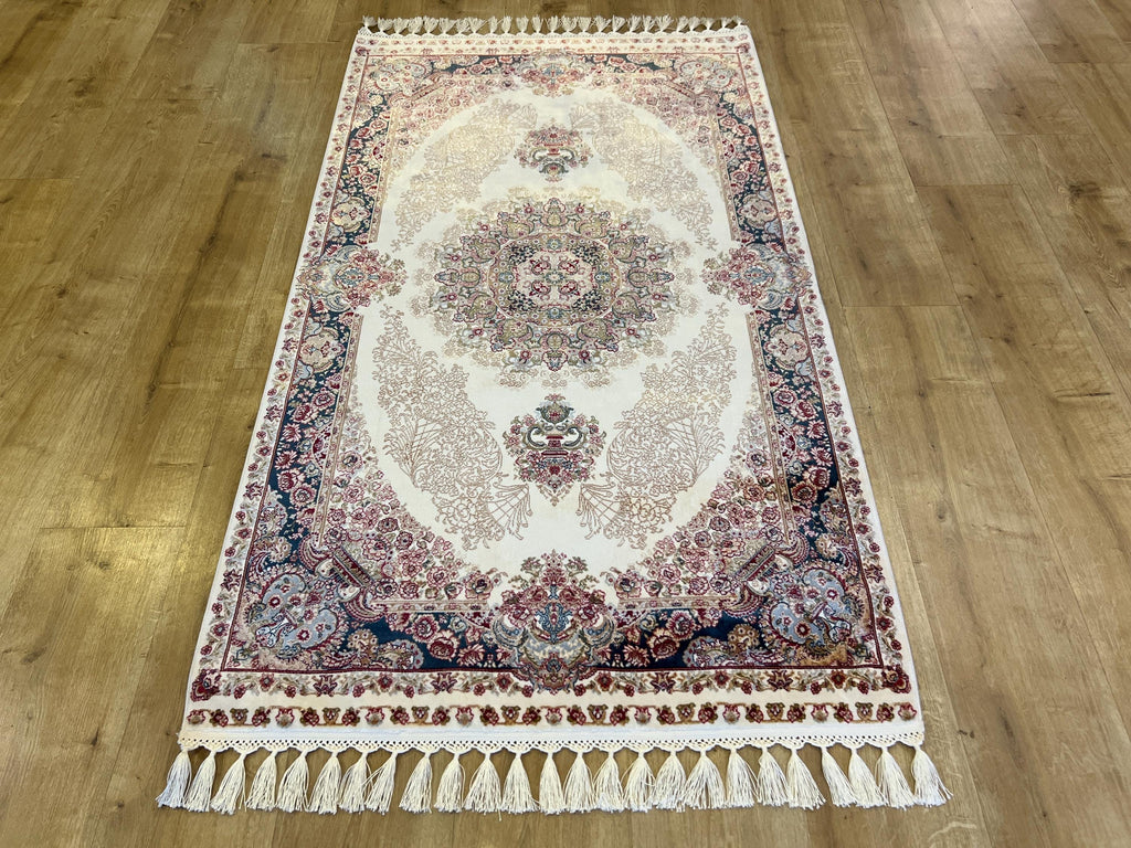 Ivory Silk Rug with Navy Blue Border and Medallion, 3x5 ft, Classic Small Rug