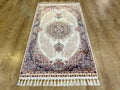 Ivory Silk Rug with Navy Blue Border and Medallion, 3x5 ft, Classic Small Rug