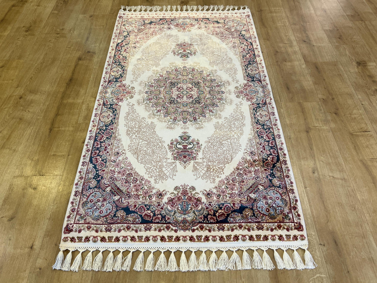 Ivory Silk Rug with Navy Blue Border and Medallion, 3x5 ft, Classic Small Rug