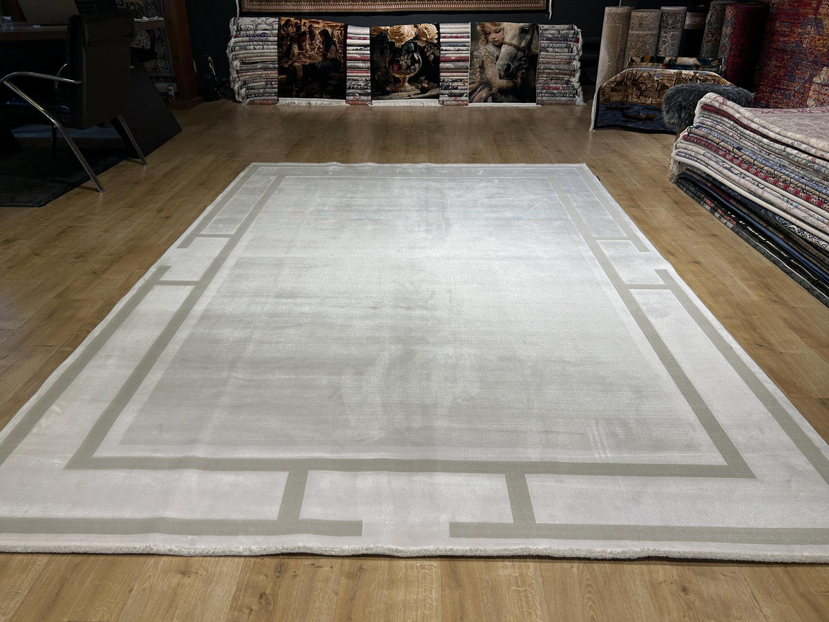 Ivory Beige Bamboo Rug, Minimalist Modern Area Rug
