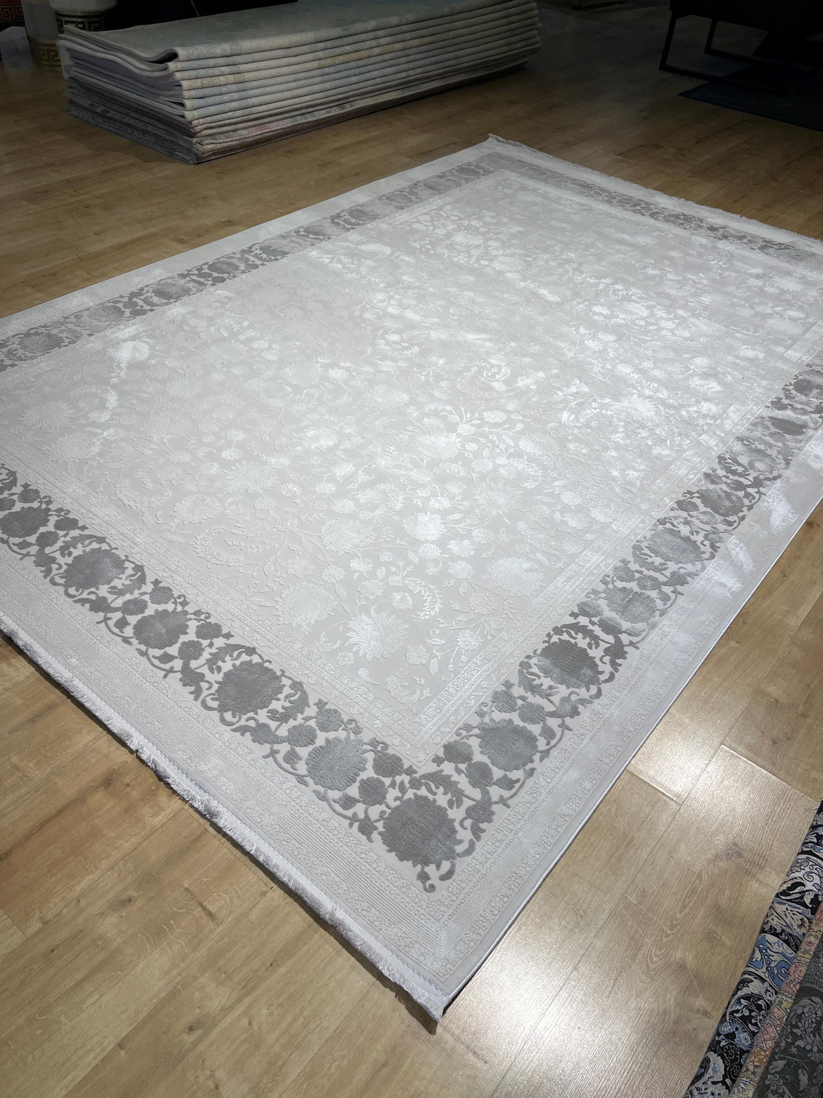 Ivory Floral Pattern Rug, Grey Border Carpet, Turkish Home Decor