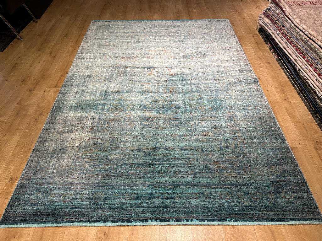 7x10 ft Turquoise Bamboo Rug, Distressed Pattern, Modern Rug