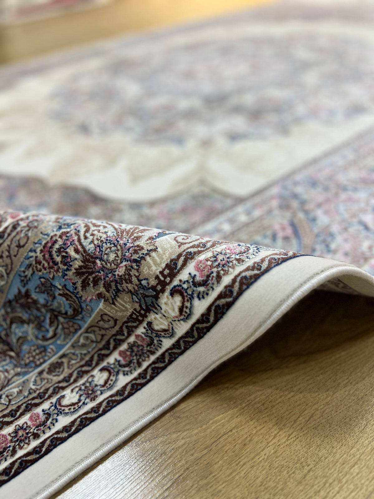 Ivory Blue Silk Rug, Medallion Design Luxury Carpet