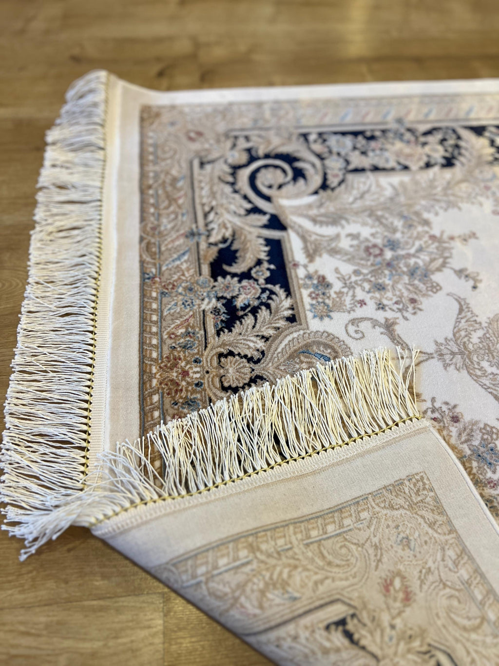 Ivory Silk Runner Rug with Navy Blue Border Gold Medallion, 3x10ft, Classic Turkish Rug