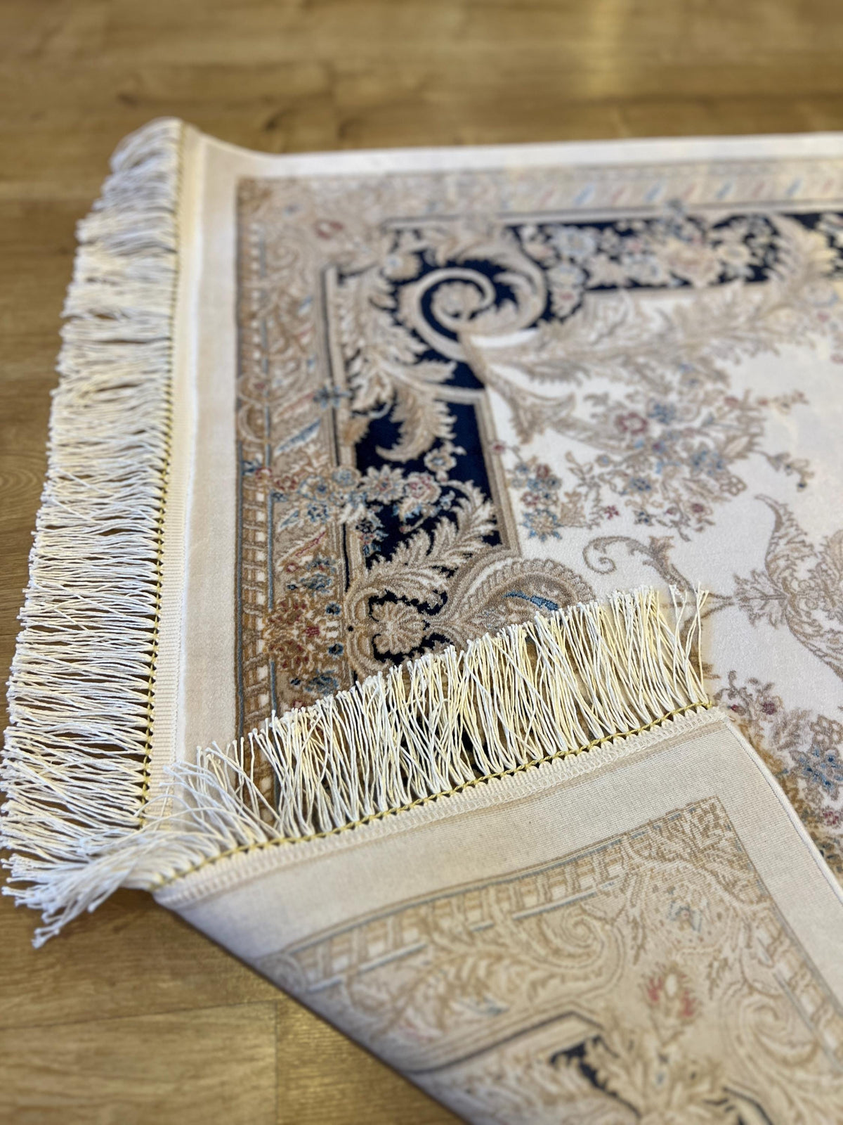Ivory Silk Runner Rug with Navy Blue Border Gold Medallion, 3x10ft, Classic Turkish Rug