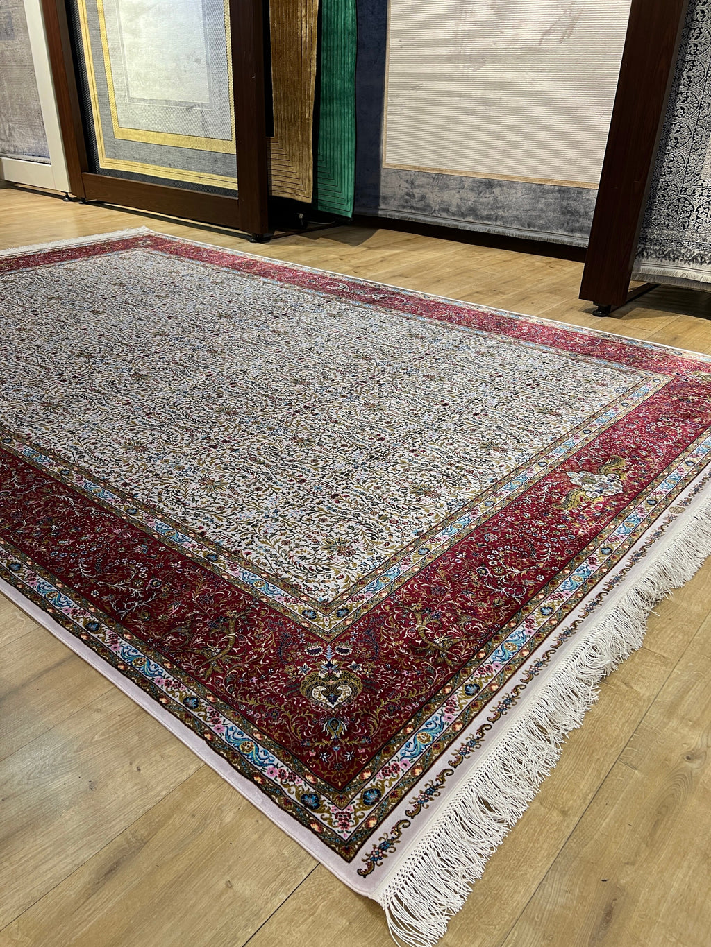 Beige Red Modal Silk Rug 7x10 ft, Turkish Style Carpet