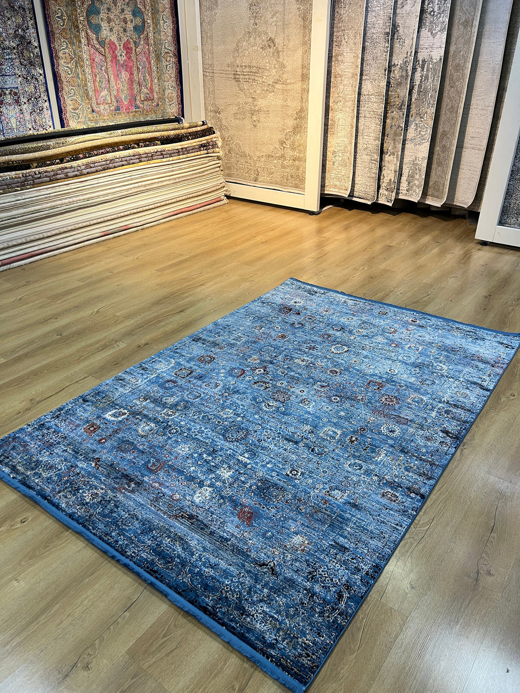Blue Turkish Bamboo Rug, 5x8 ft, Home Decor Carpet