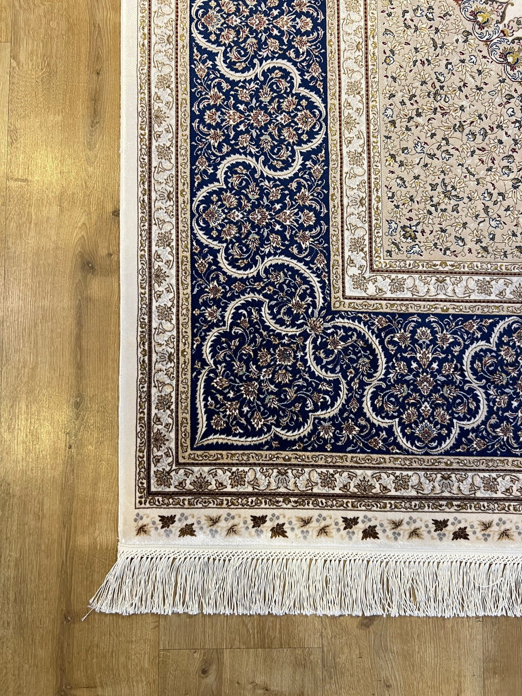 7x10 ft Ivory Silk Rug, Navy Border with Gold Medallion Design