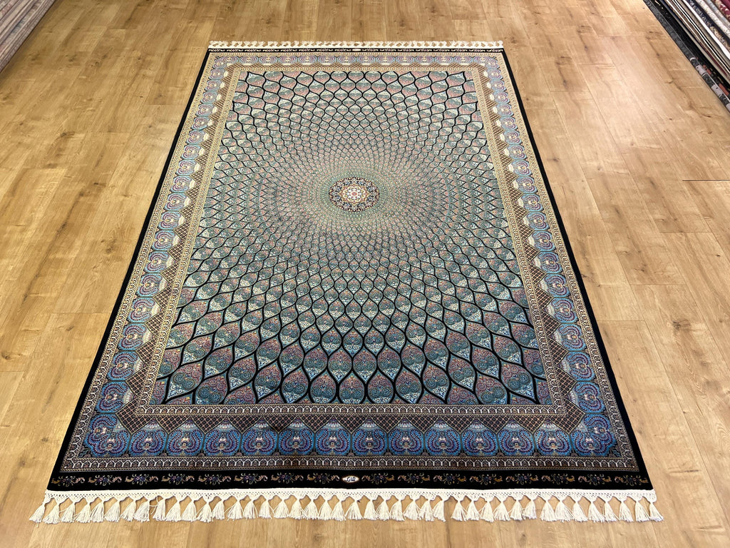 Blue Silk Rug, Classic Turkish Style Carpet, Medallion Design, Luxury Rug