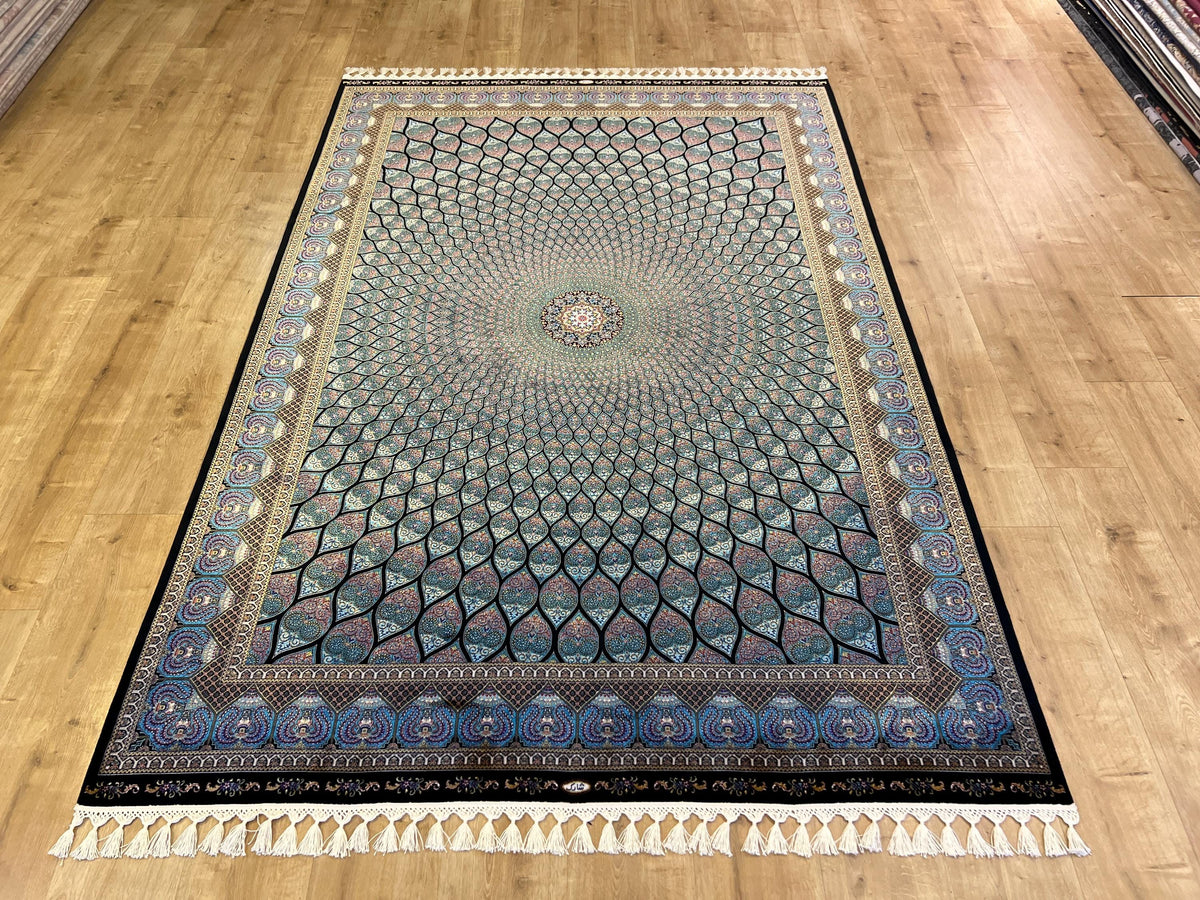 Blue Silk Rug, Classic Turkish Style Carpet, Medallion Design, Luxury Rug