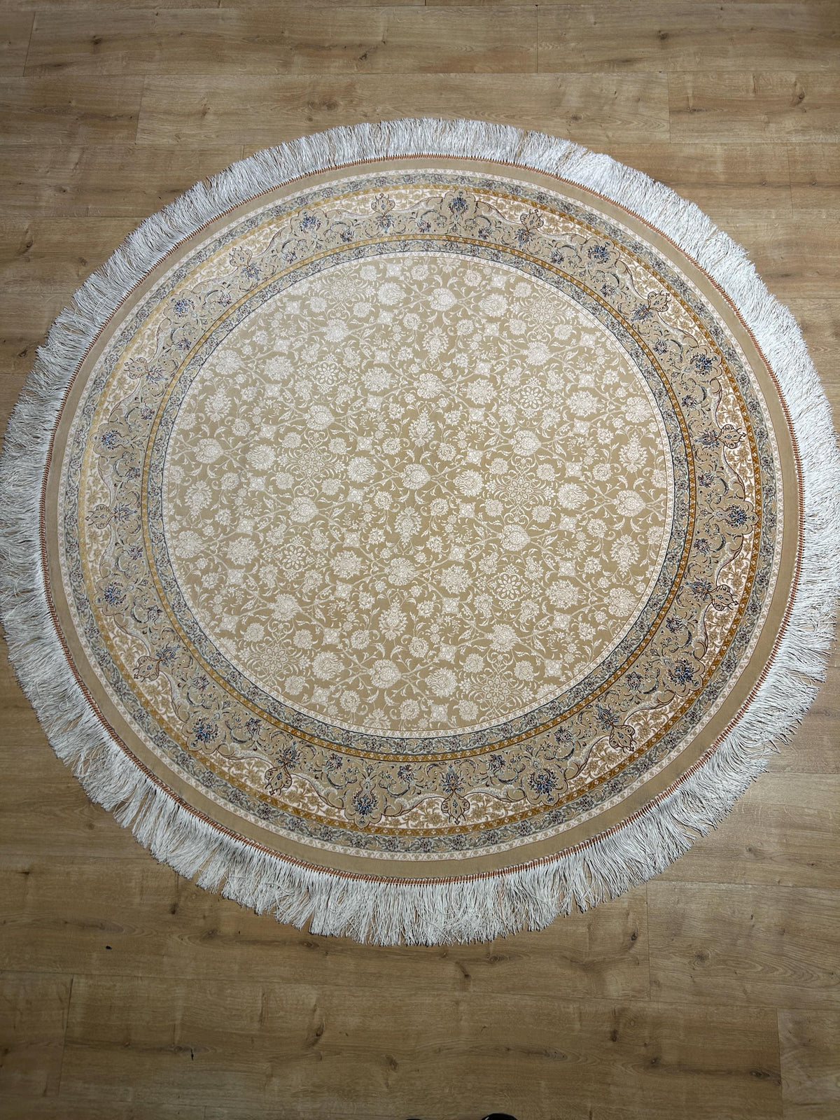5x5 ft Beige Round Silk Rug, Classic Turkish Style Carpet, Floral Design