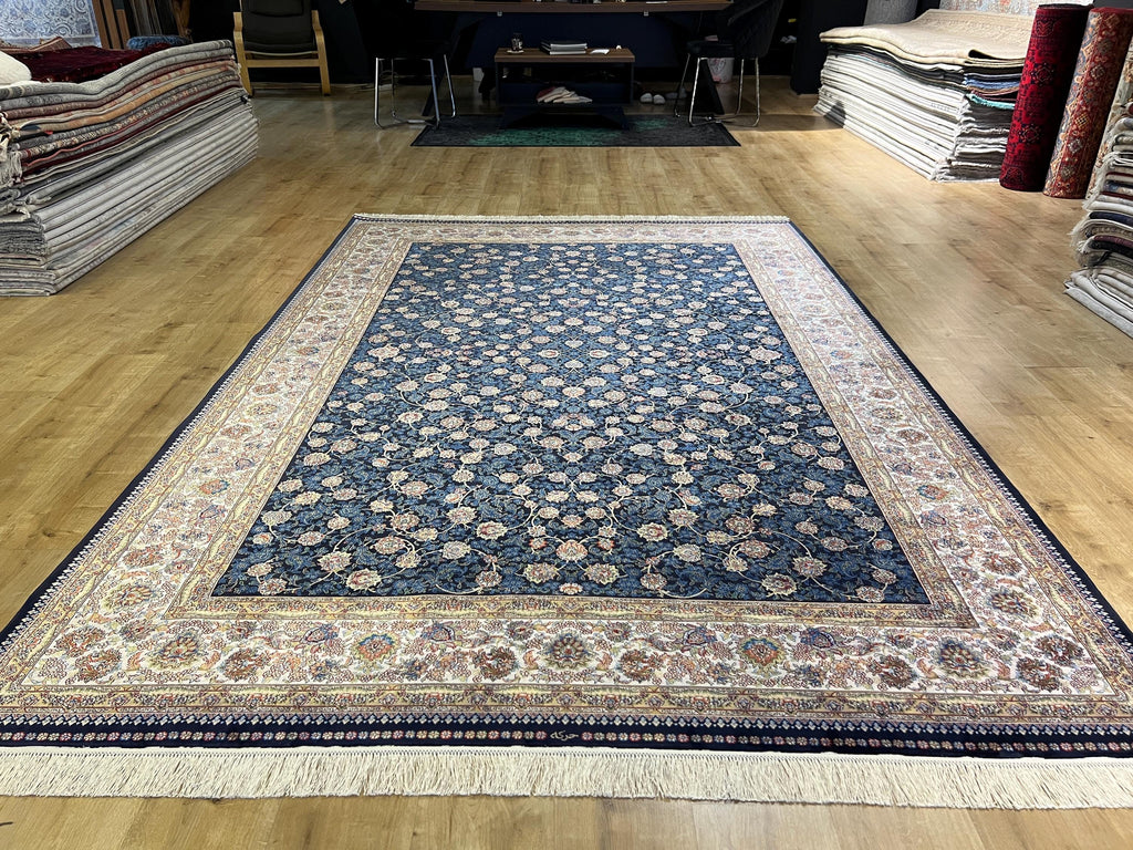 7x10 ft Blue Silk Bamboo Rug with Ivory Border and Gold Pattern, Classic Design