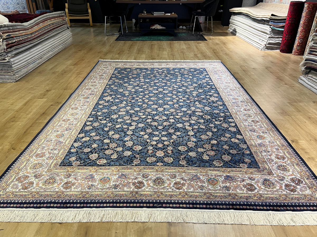 7x10 ft Blue Silk Bamboo Rug with Ivory Border and Gold Pattern, Classic Design