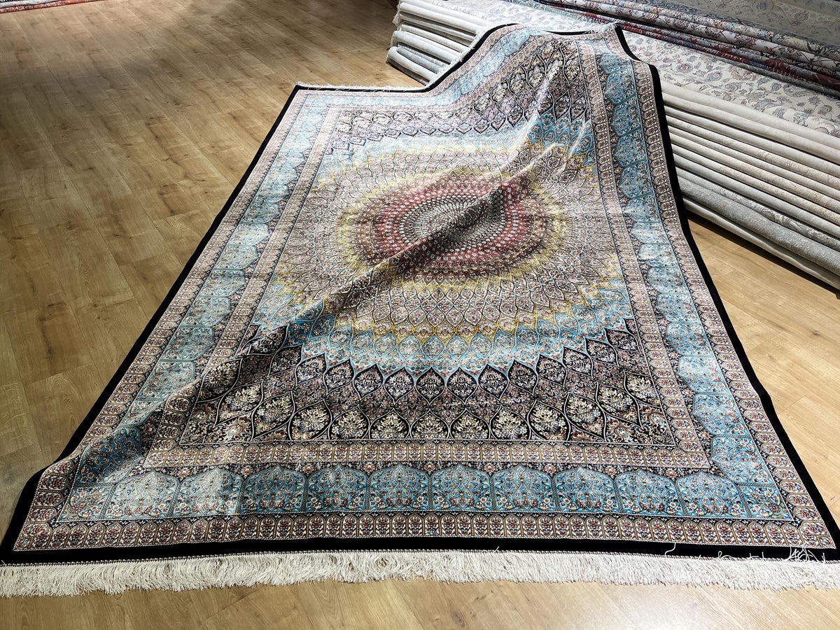 7x10 Ft Blue Silk Rug, Classic Medallion Design, Traditional Pattern