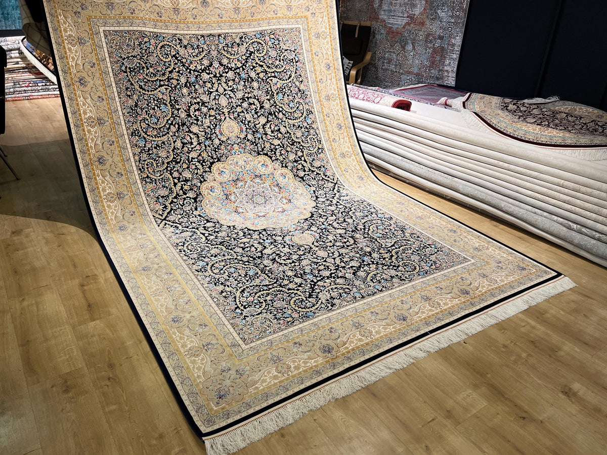 7x10ft Dark Blue Floral Silk Rug, Classic Medallion Oriental Area Rug, Living Room Carpet