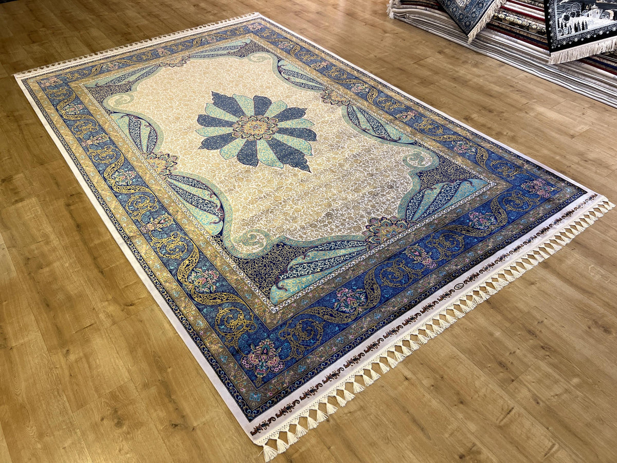 Ivory Silk Rug, Gold Blue Medallion, Classic Traditional Style Carpet