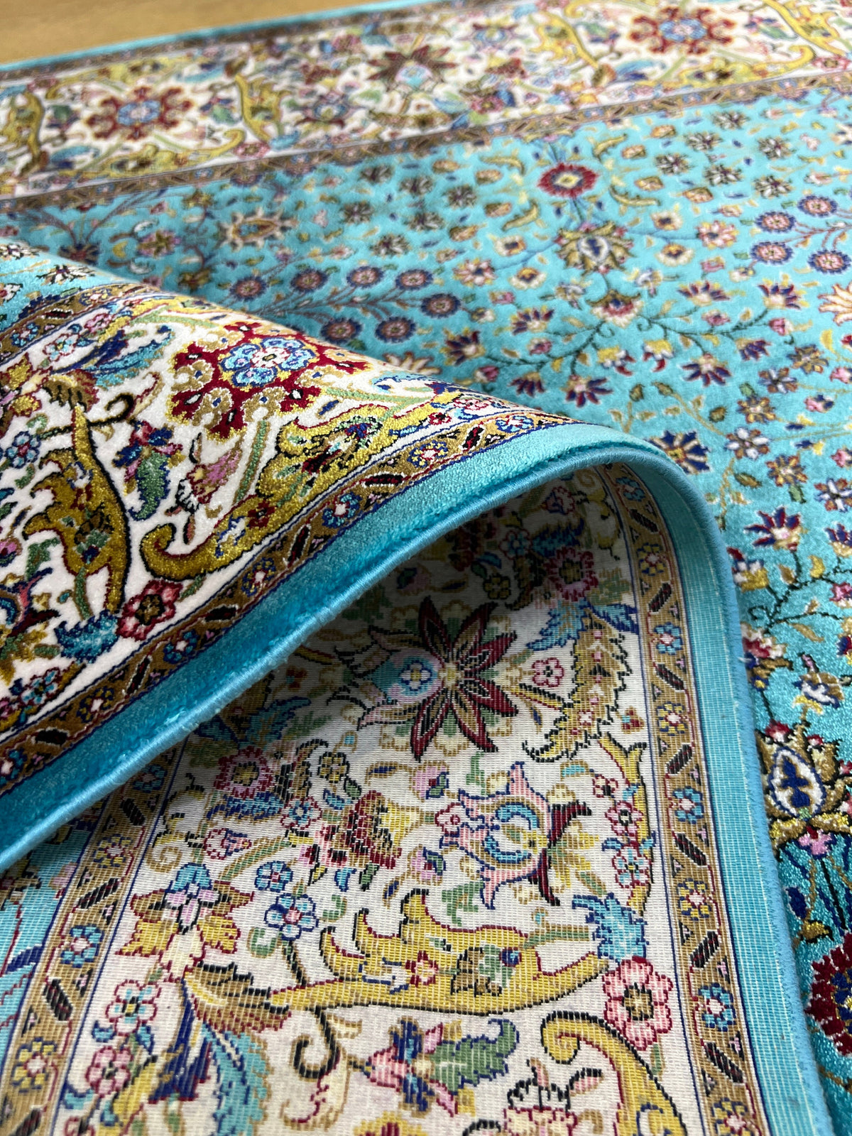Blue Beige Modal Silk Rug, Turkish Carpet 3x10 ft, Luxury Home Decor