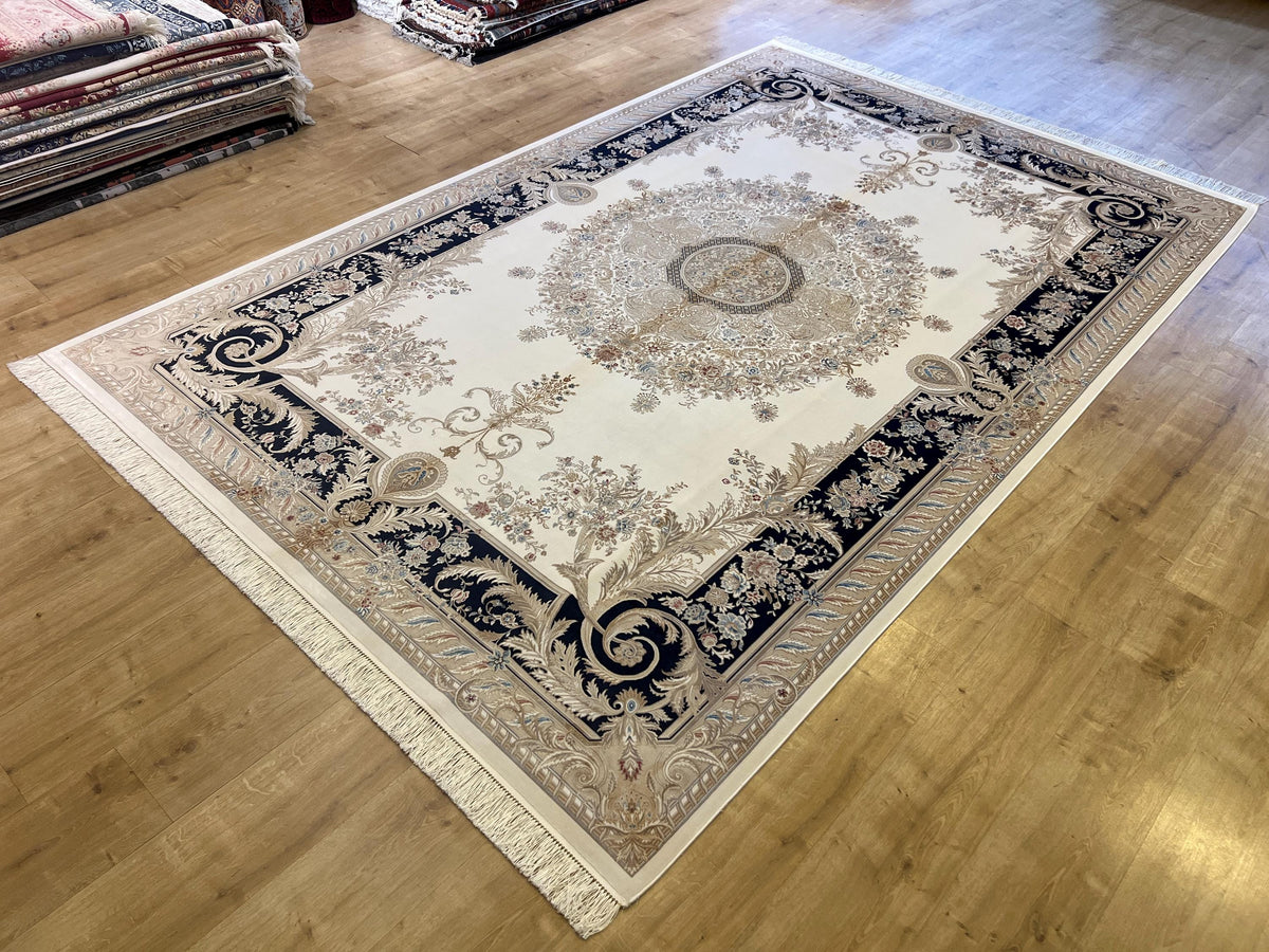 Ivory Silk Rug with Navy Blue Border Gold Medallion, Classic Turkish Rug