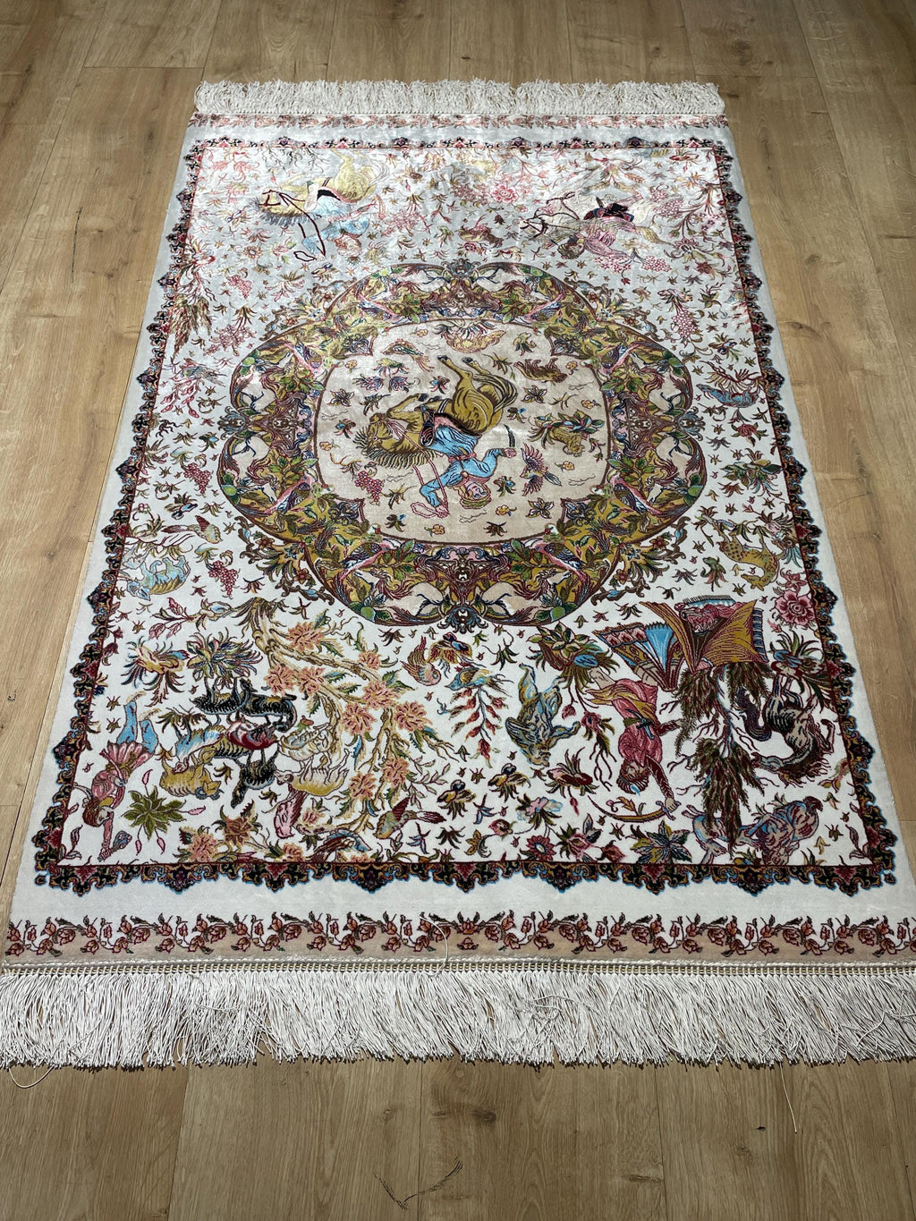 Ivory Decorative Silk Tapestry Rug With Art Motifs, Floral Design