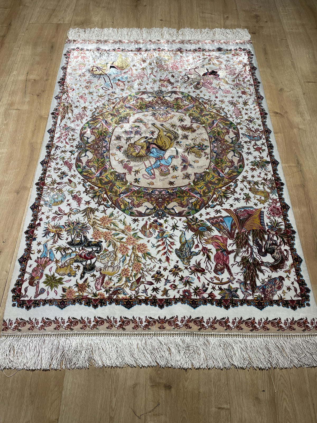 Ivory Decorative Silk Tapestry Rug With Art Motifs, Floral Design