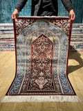 2.62x4.10 Ft Red Blue Silk Prayer Rug With Floral Design, Muslim Gift Prayer Mat