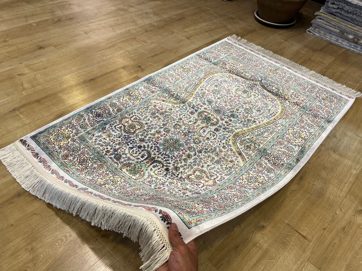 2.62X4.10 ft Ivory Silk Prayer Rug, Green Gold Floral Design, Muslim Prayer Mat
