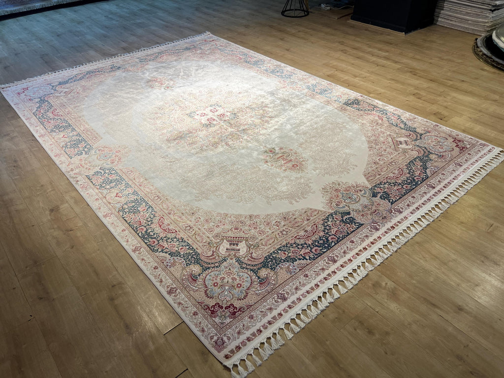 Cream Blue Silk Rug, Turkish Ottoman Style, 8x11 ft