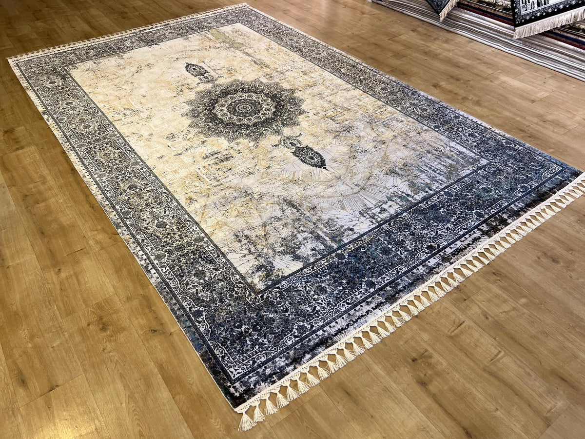 7x10 ft Cream Silk Rug, Gray Border Antique Medallion Classic Design