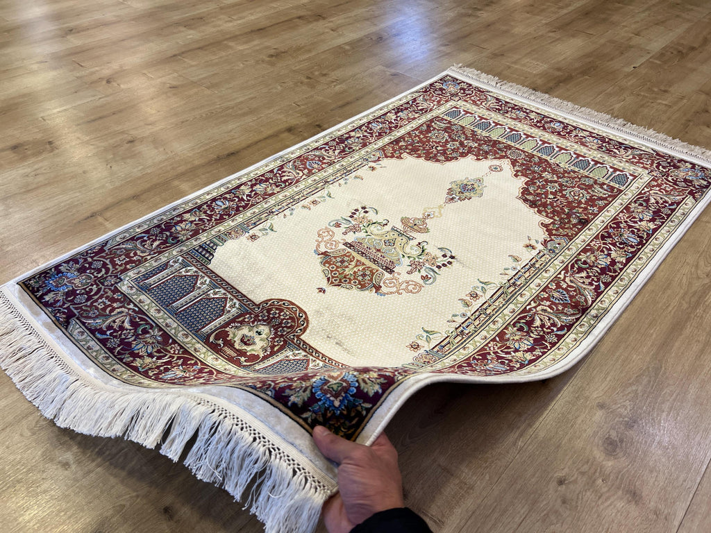 Silk Prayer Rug, Red Cream Muslim Gift Mat, Janamaz Rug 2.62x4.10 ft