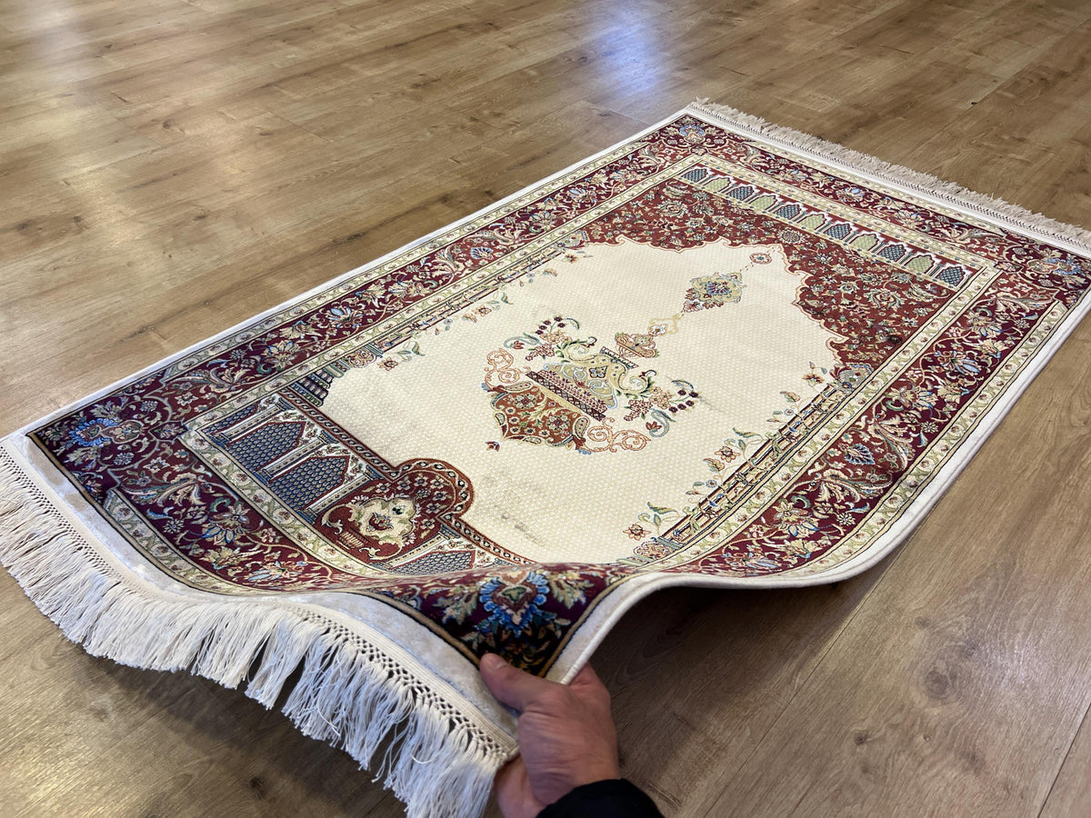 Silk Prayer Rug, Red Cream Muslim Gift Mat, Janamaz Rug 2.62x4.10 ft