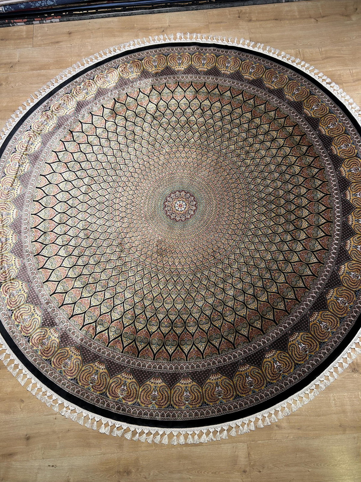 Black Gold Round Silk Rug, Classic Turkish Style Carpet, Medallion Design