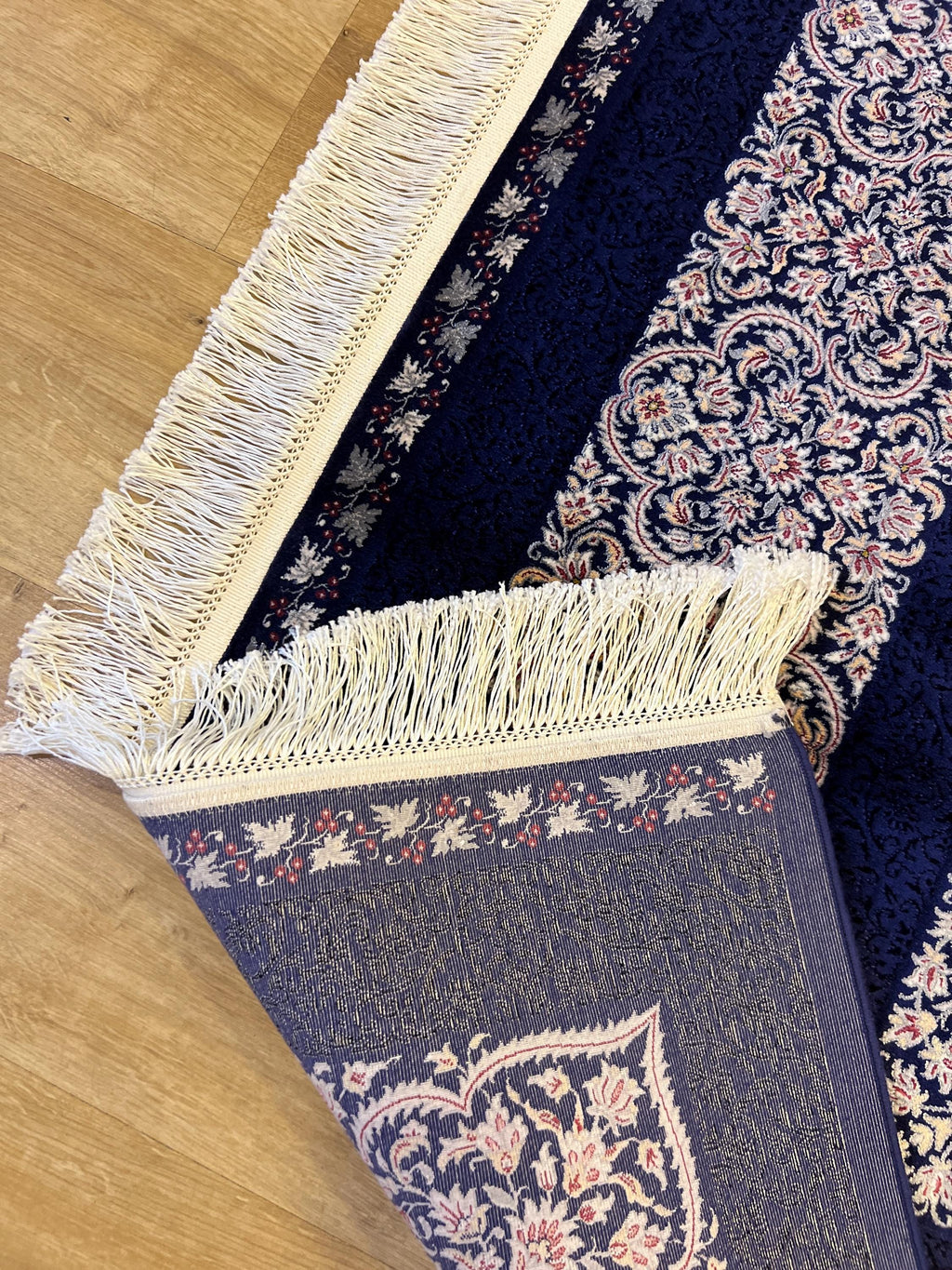7x10 ft Navy Silk Rug with Grey Medallion and Border, Classic Luxury Home Decor
