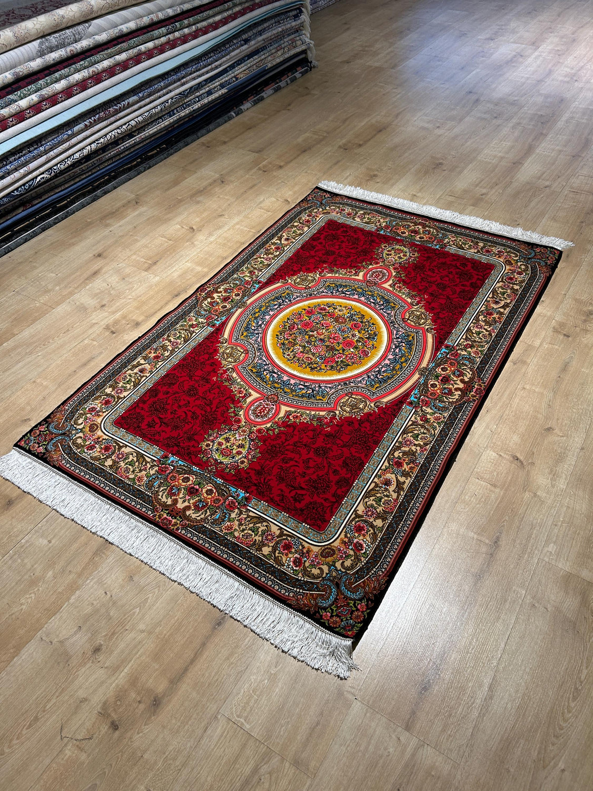 Red Silk Rug, Floral Medallion Design, Classic Silk Carpet