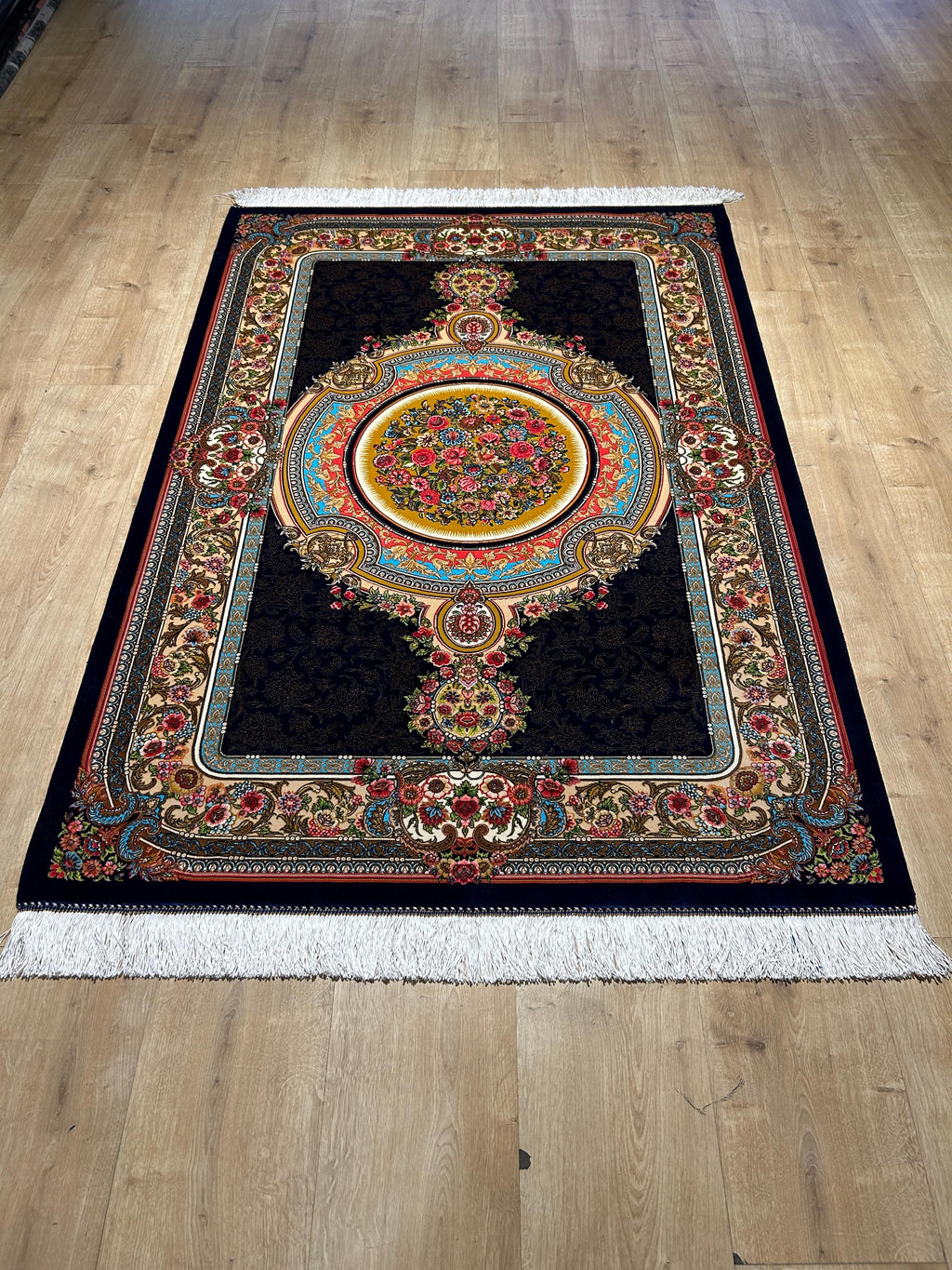 Navy Blue Silk Rug, Gold Floral Medallion Design, Classic Luxury Rug
