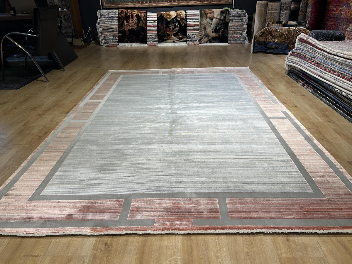 7x10 ft Pink Gray Beige Bamboo Rug, Bordered Minimalist Modern Rug, Oversize Carpet