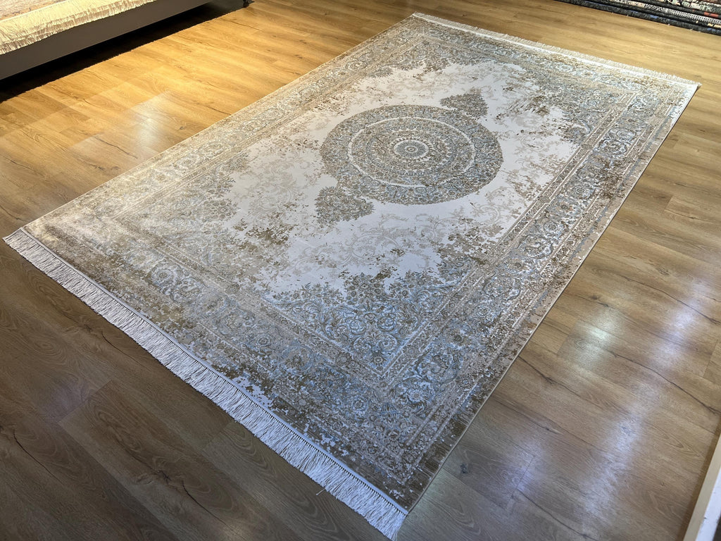7x10 ft Cream Silk Rug with Beige Medallion and Border, Antique Style