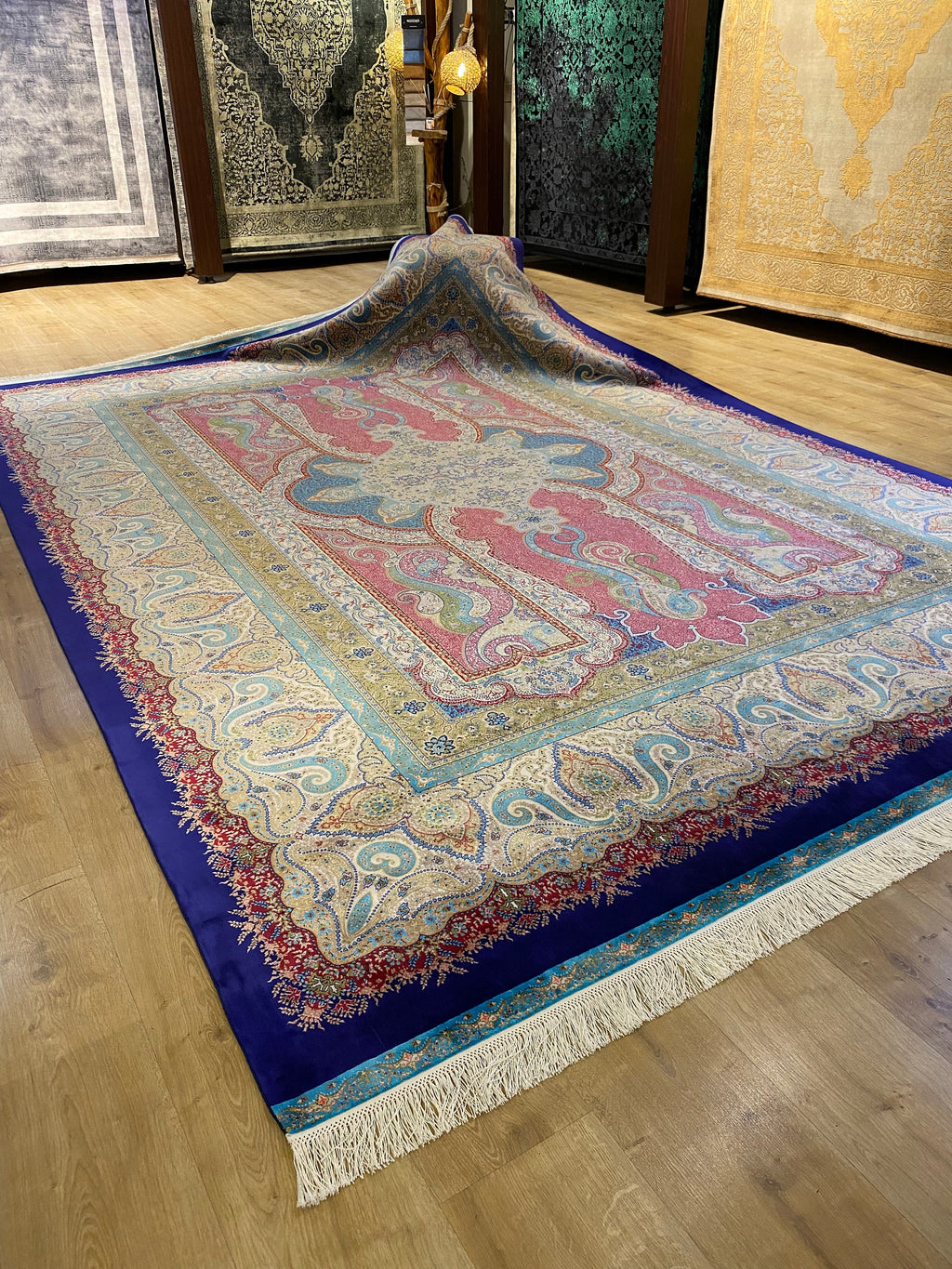 Pink Navy Medallion Design Silk Carpet, Turkish Style Carpet, Luxury Rug
