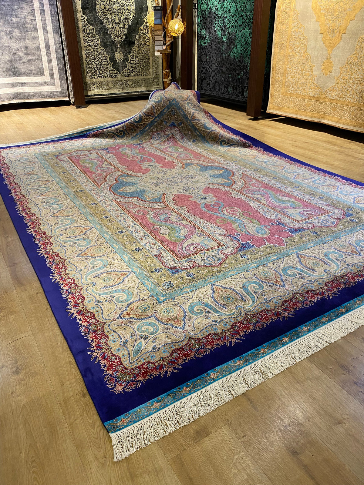 Pink Navy Medallion Design Silk Carpet, Turkish Style Carpet, Luxury Rug