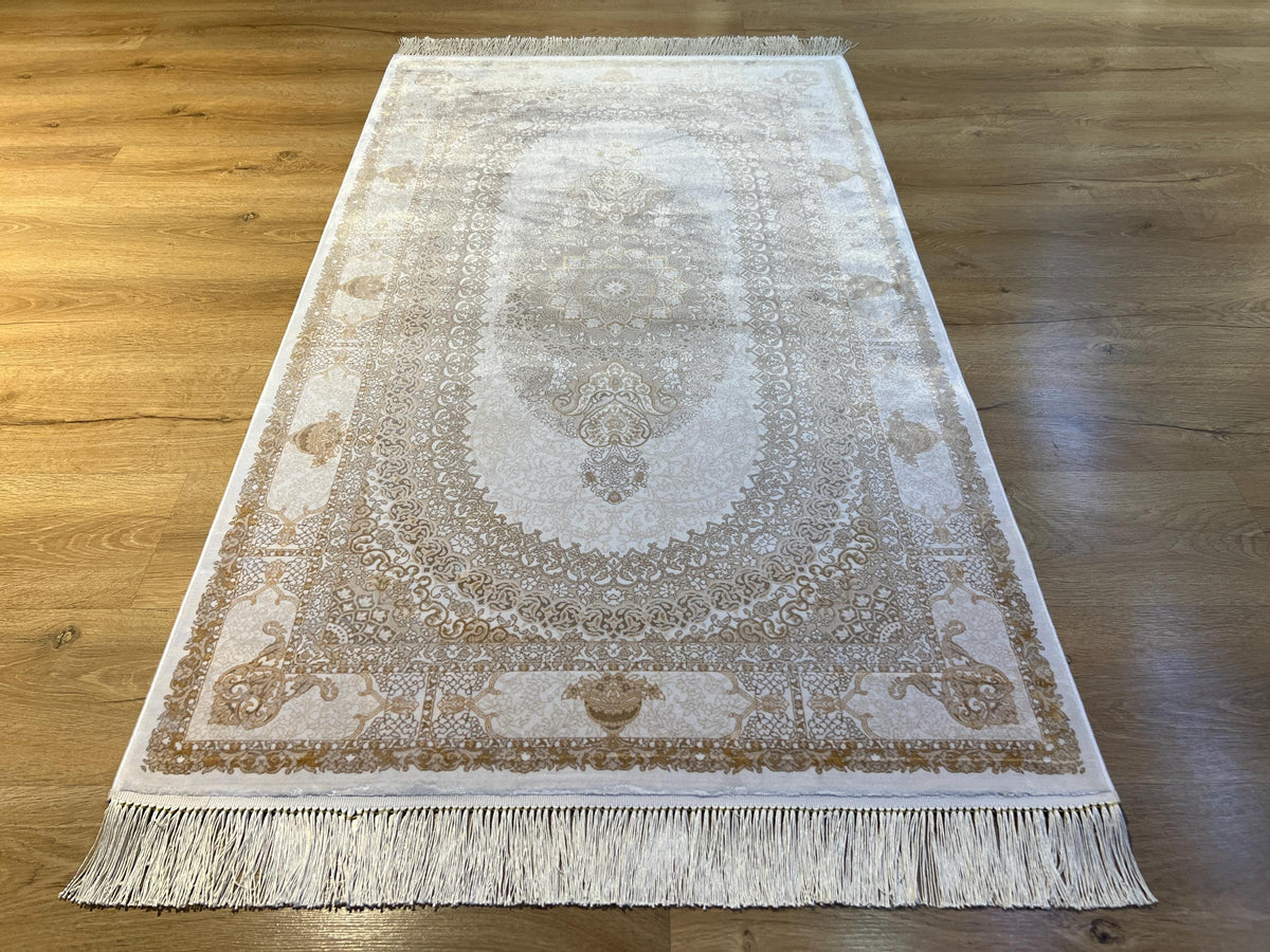 Cream Gold Medallion Silk Rug, 3x5 ft, Classic Luxury Small Area Rug