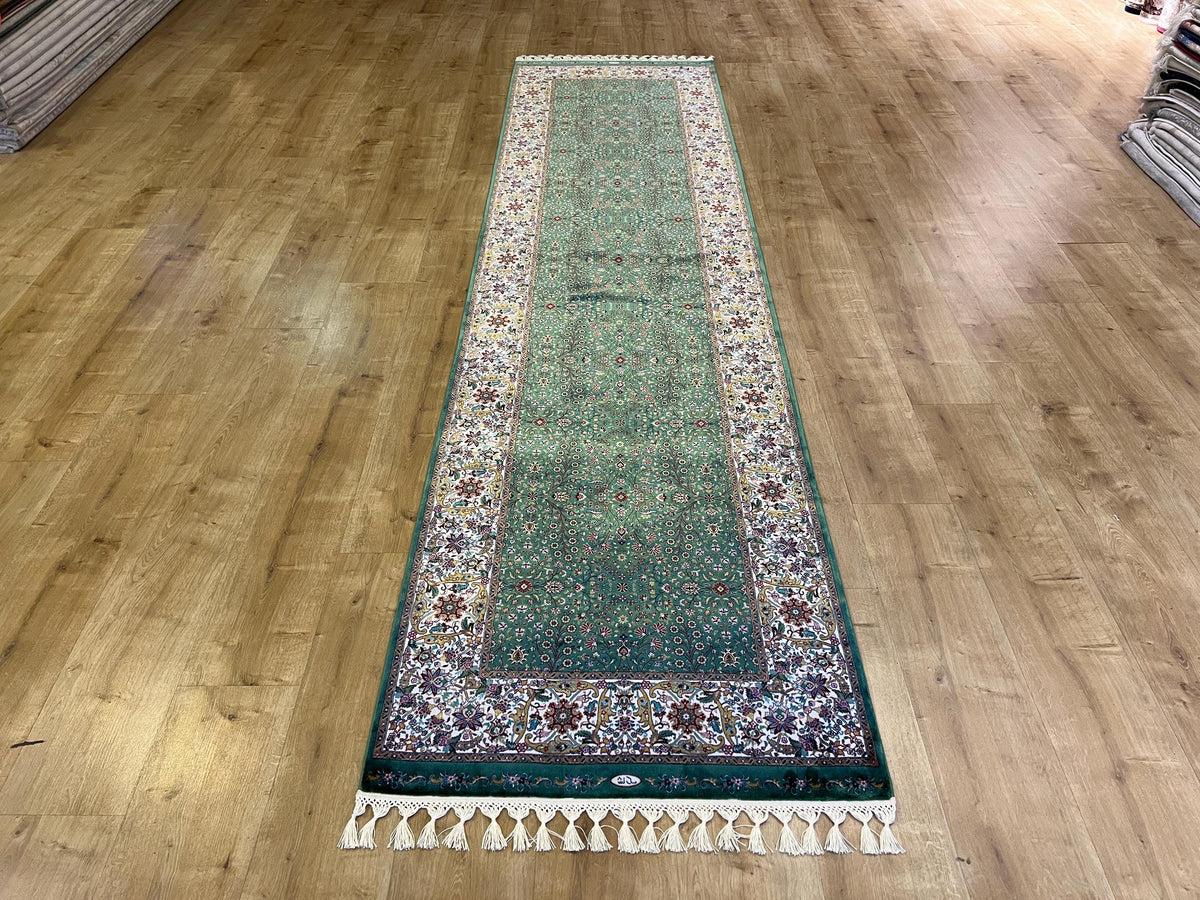 Green Floral Silk Runner Rug, Turkish Style, 3x10 ft, Classic Luxury Hallway Rug