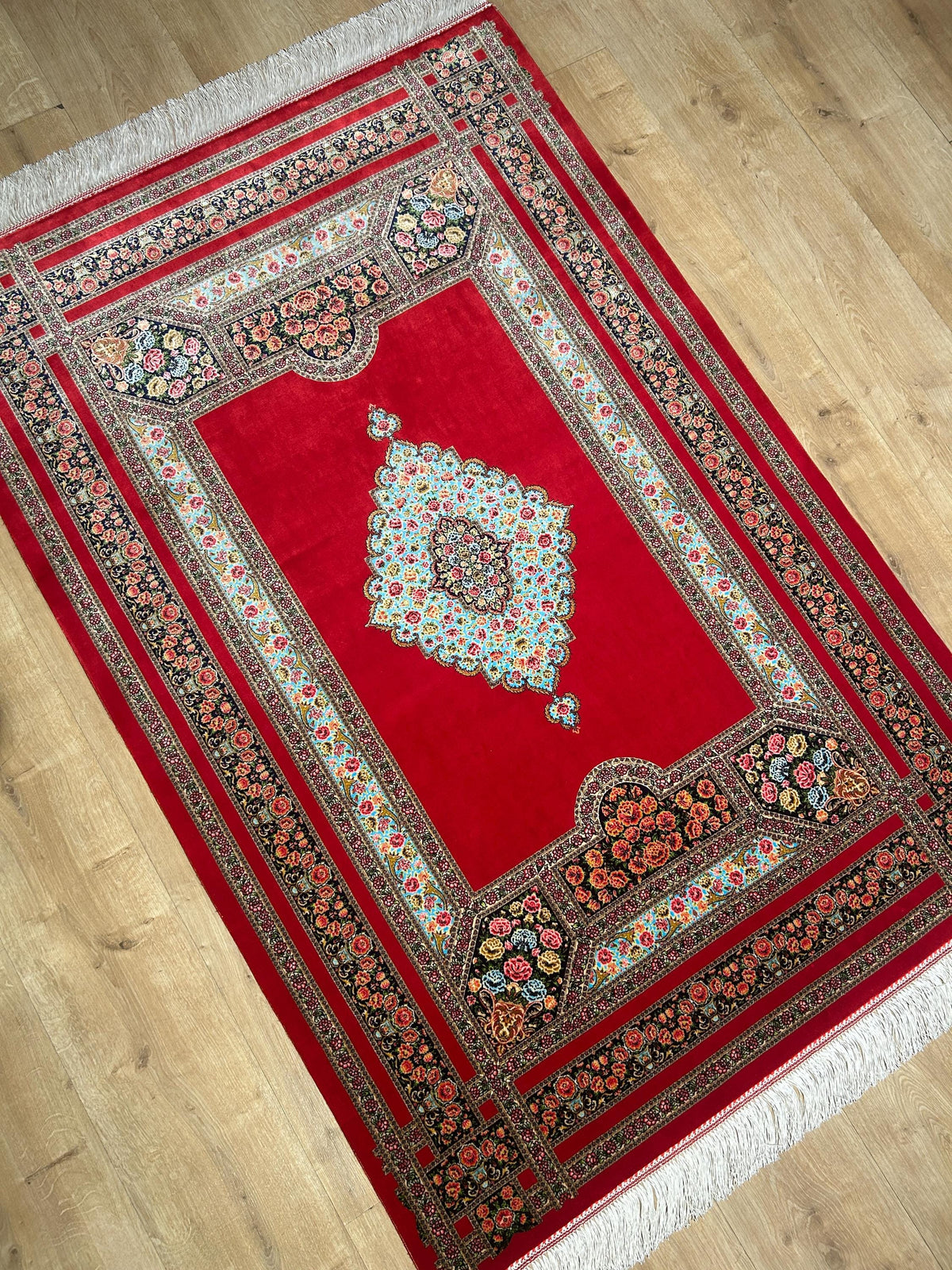 Red Silk Rug, Floral Medallion and Border Design Classic Luxury Silk Carpet