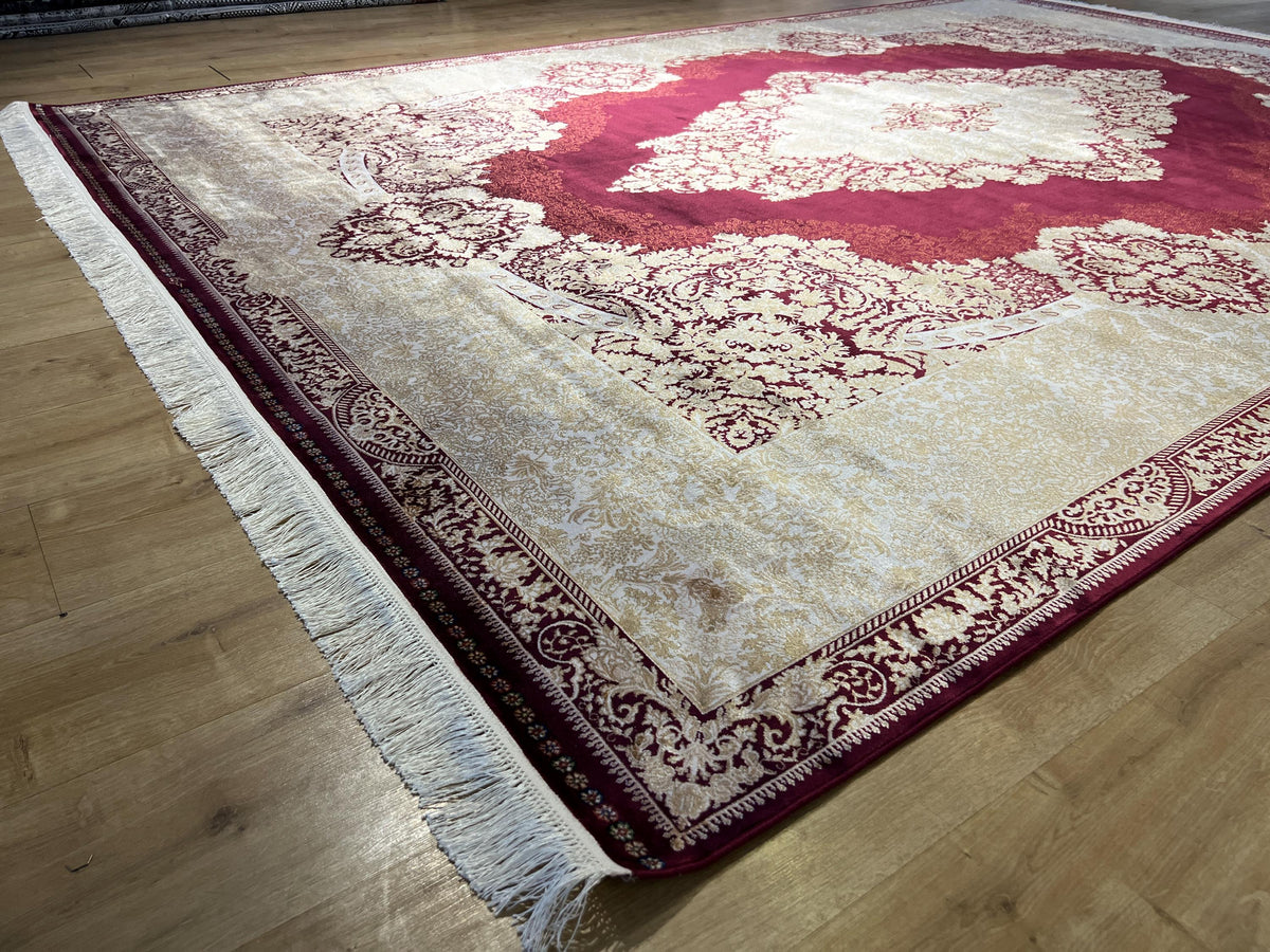 8x11 ft Red Silk Rug with Gold Medallion – Classic Turkish Style Luxury Carpet