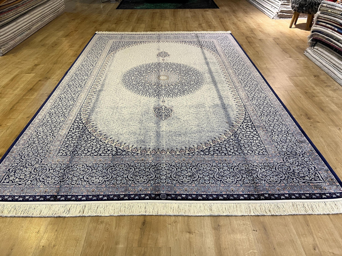 Gray Blue Turkish Silk Rug 7x10 ft, Oushak Style