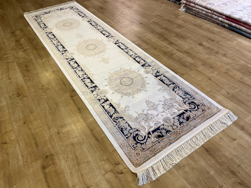Ivory Silk Runner Rug with Navy Blue Border Gold Medallion, 3x10ft, Classic Turkish Rug