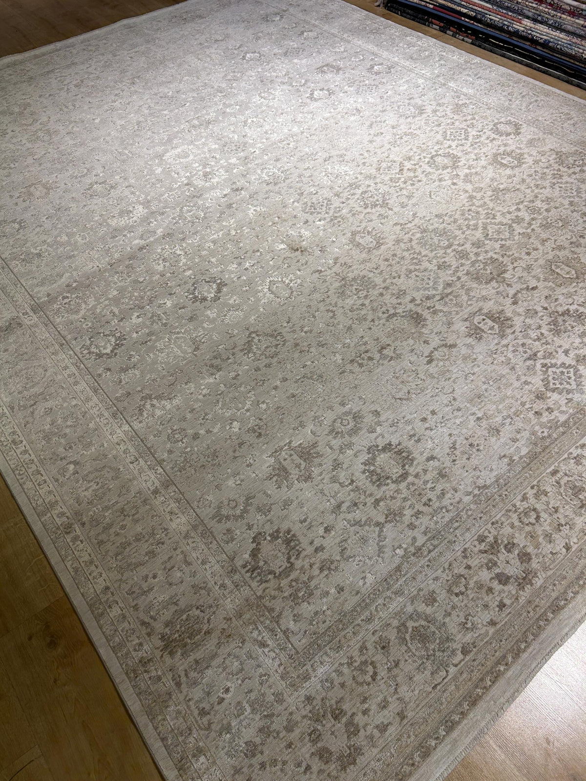 10x13 ft Gray Beige Floral Bamboo Rug with Ethnic Modern Patterns, Big Size Rug