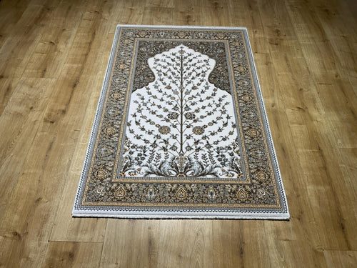 2.62x4 Ft Ivory Brown Floral Silk Prayer Rug, Muslim Gift Prayer Mat