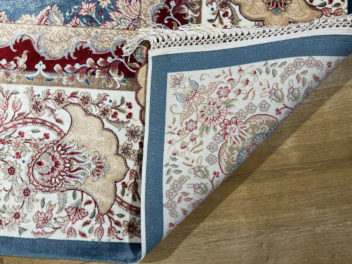7x10 ft Blue Gold Silk Rug, Framed Classic Design, Turkish Style Carpet