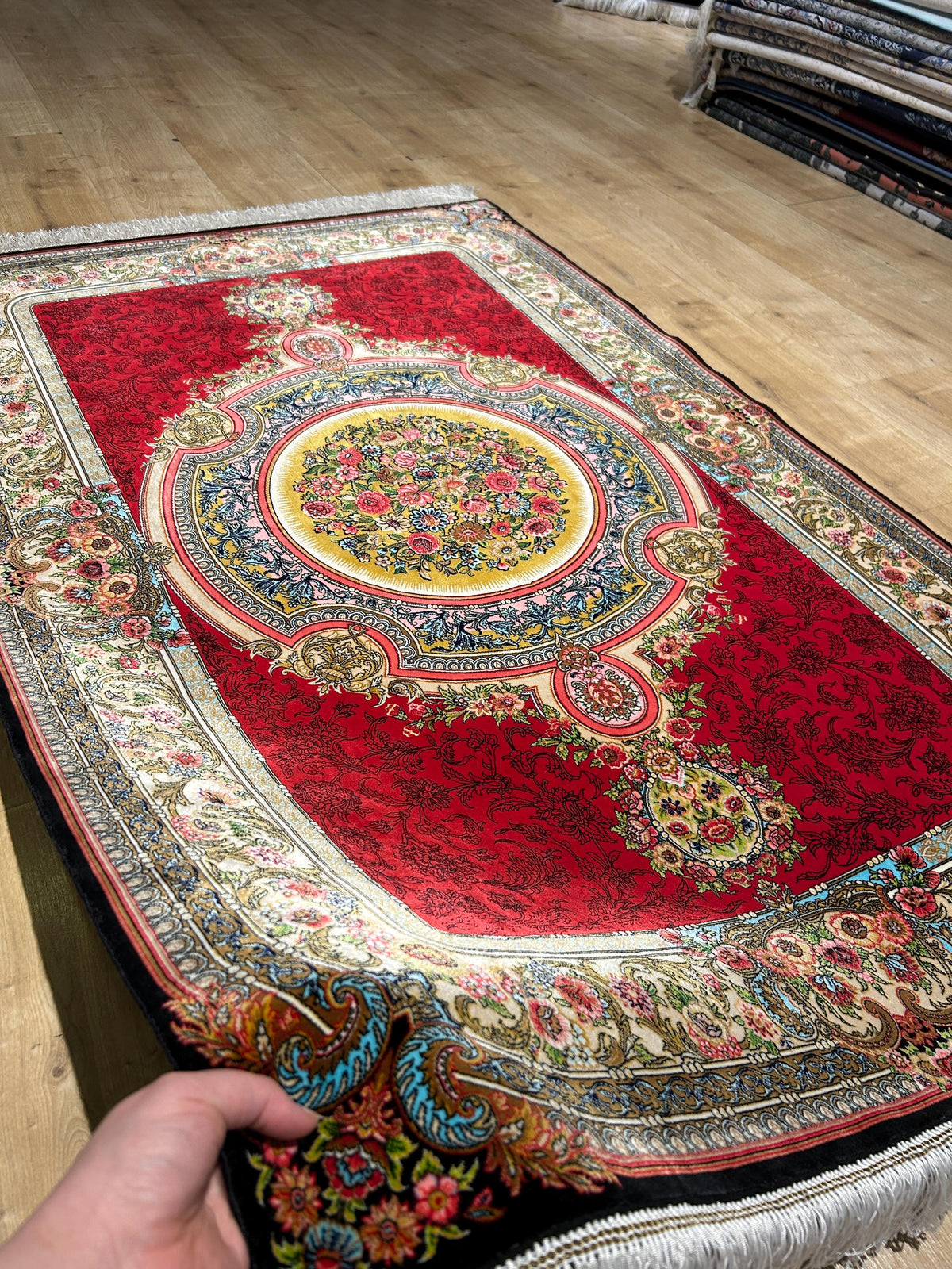 Red Silk Rug, Floral Medallion Design, Classic Silk Carpet