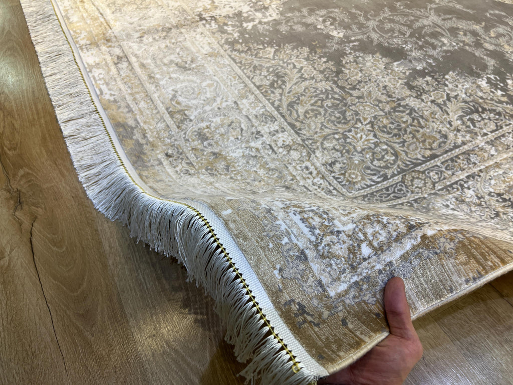 Gray Brown Silk Rug with Medallion and Border, Antique Distressed Style
