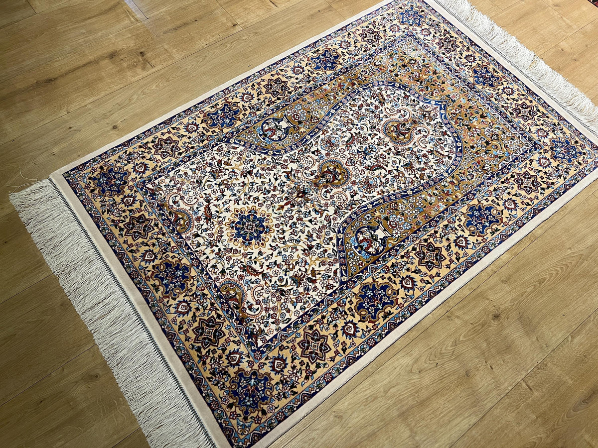 2.62x4.10 Ft Ivory Beige Silk Prayer Rug With Floral Design, Muslim Gift Prayer Mat